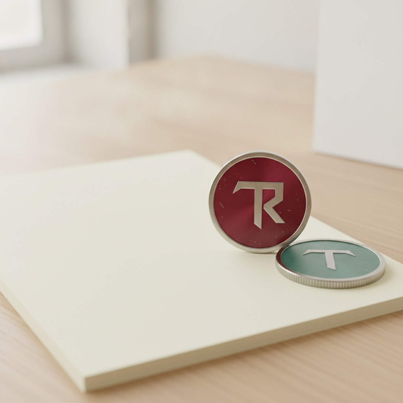 A TRON coin and a Tether coin lying on an open paper notepad